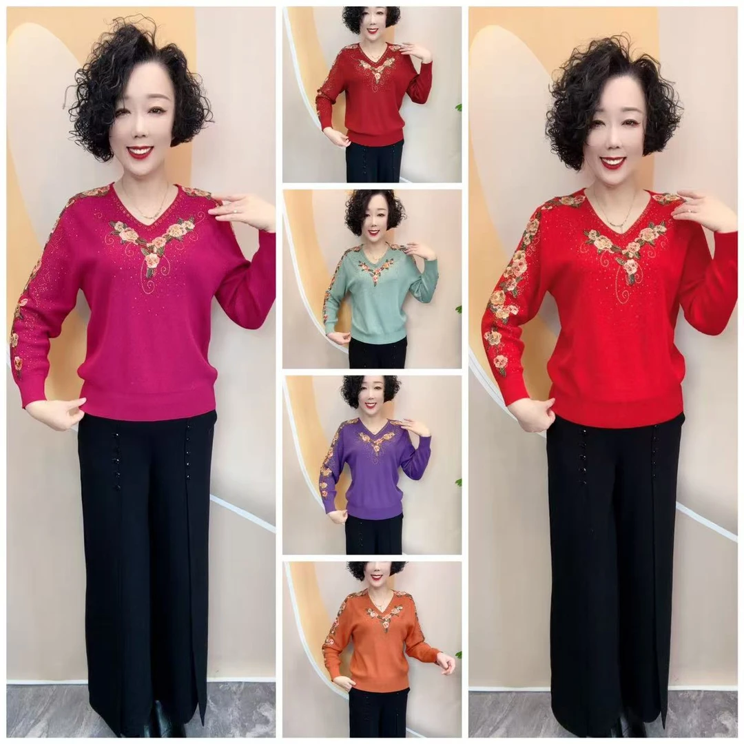 年货新款重工刺绣烫钻V领时尚大码宽松针织衫，衣长60