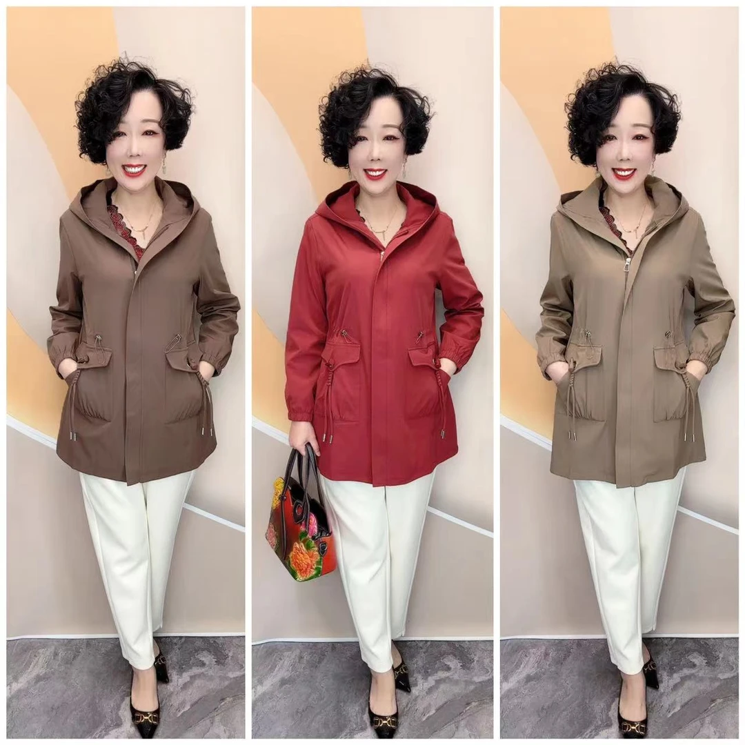 82411新品连帽抽腰流苏扣休闲大码宽松中款加衬休闲风衣外套