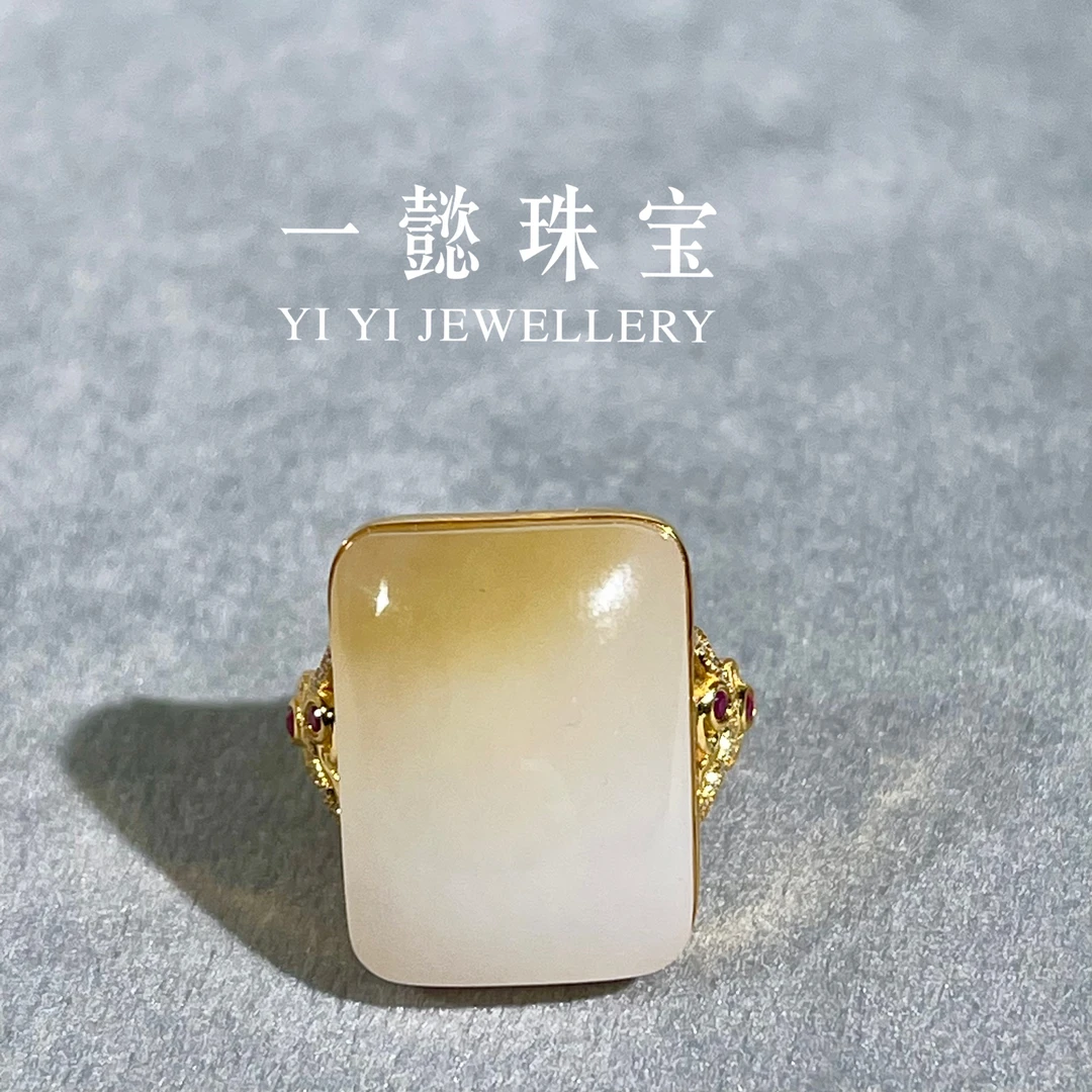 【一懿珠宝】和田玉糖白戒指18k金镶嵌高奢经典多样性半糖ty013