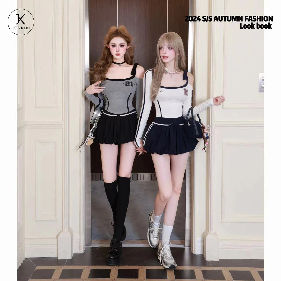 JOYKIKI金金【美术生】初秋百搭辣妹纯欲拼接露肩显瘦套装 J24C320
