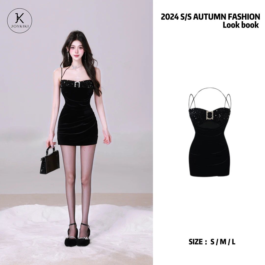 JOY KIKI金金【米兰世家】纯欲千金轻奢设计感挂脖包臀裙J24D341