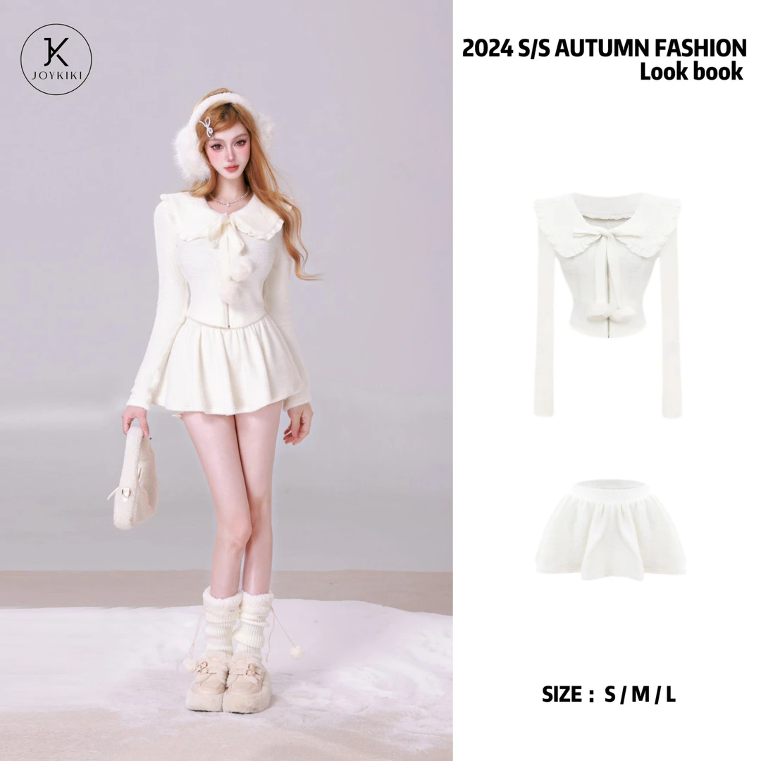 JOY KIKI金金【雪艺女孩】秋冬纯欲拼接娃娃领毛毛球套装J24D281