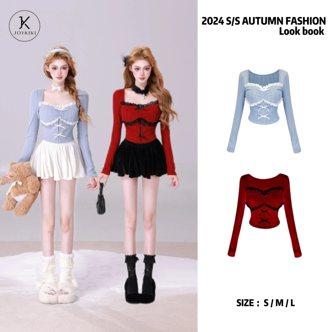 JOY KIKI金金【樱桃少女】秋冬辣妹拼接蕾丝纯欲上衣 J24D237