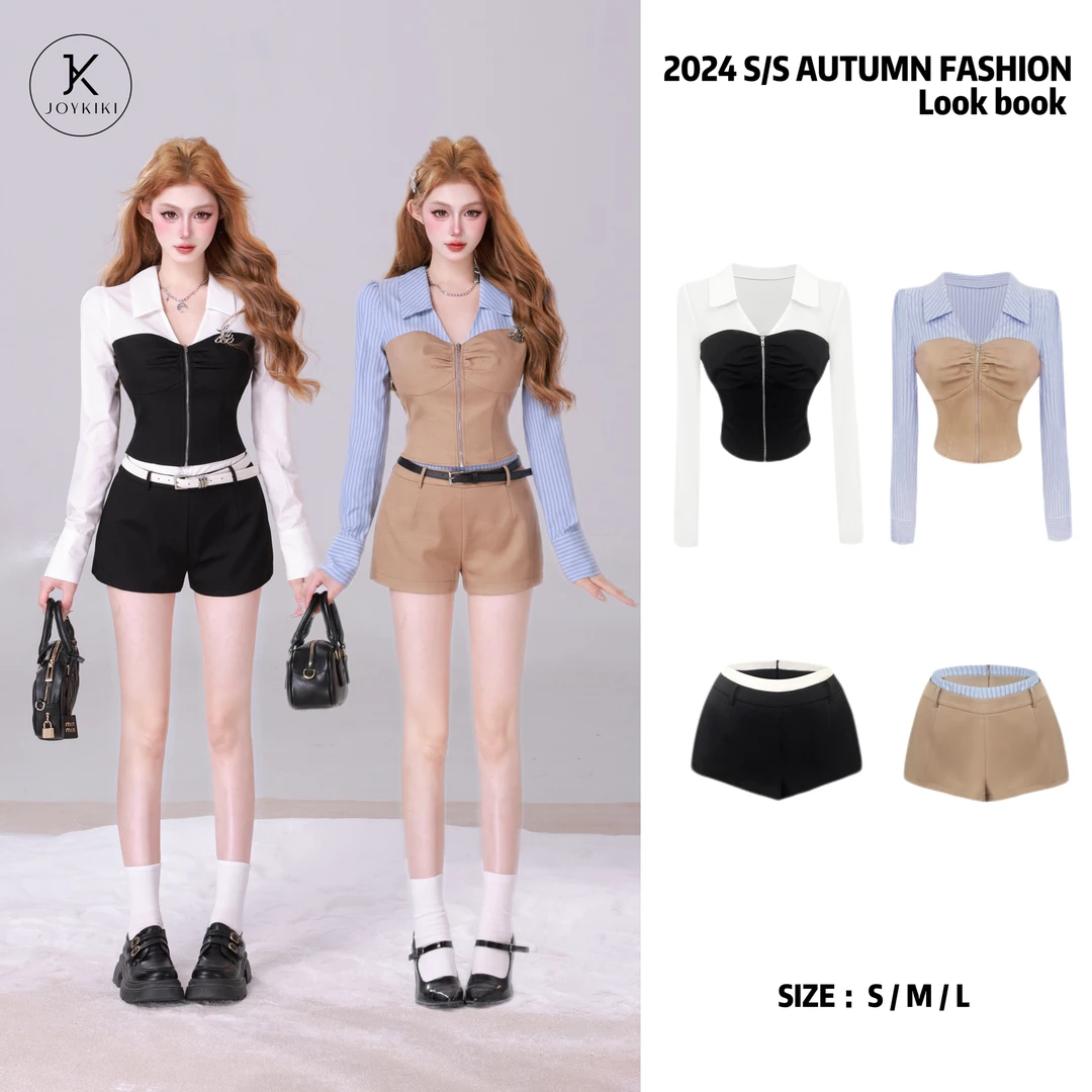 JOY KIKI金金【idol私服】秋季设计师显瘦高腰短裤长袖套装J24D034