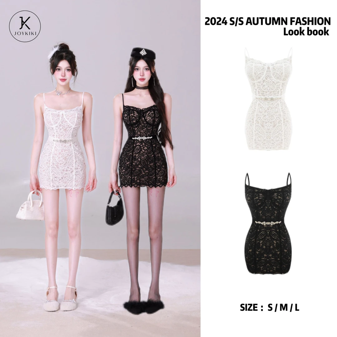 JOY KIKI金金【奢宠冬日】蕾丝气质修身设计师轻奢吊带裙J24D150