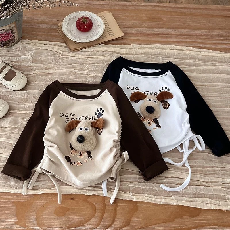 2025春款卡通童趣小狗儿童长T袖女童打底衫撞色可爱女宝上衣休闲