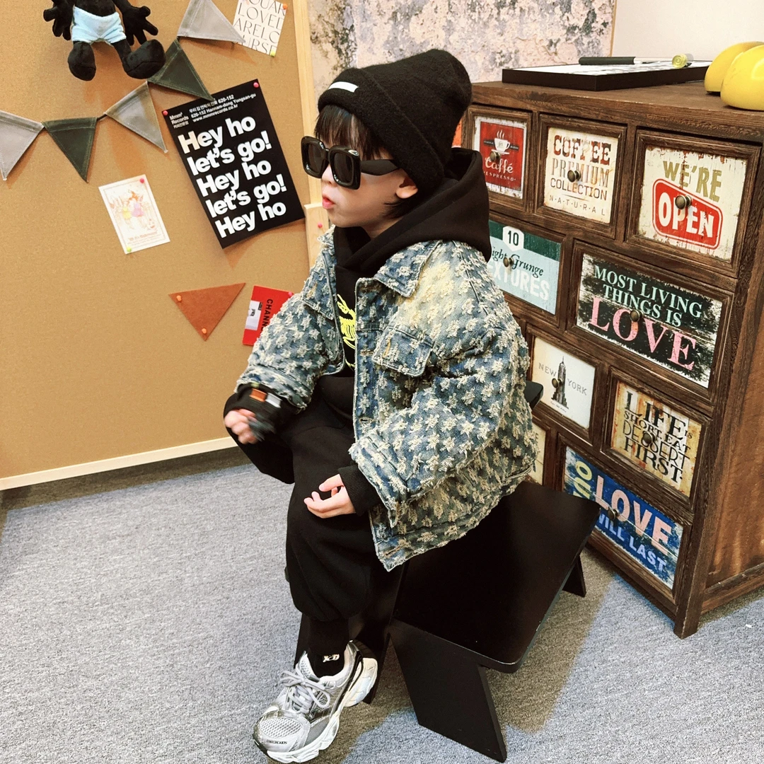 现货 令佳潮牌 24童装冬季复古提花休闲宽松棉服牛仔外套0131