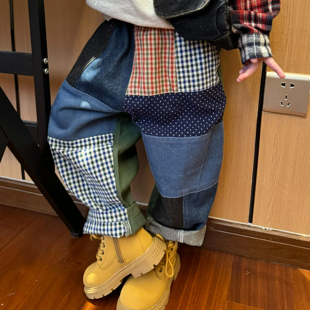 24童装秋冬男女童田园拼接高腰哈伦裤035