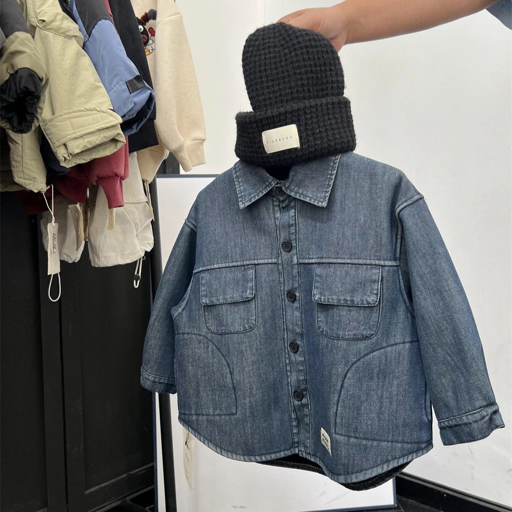 现货  令佳潮牌 儿童秋冬休闲加绒韩版时尚一体绒牛仔衬衫0116