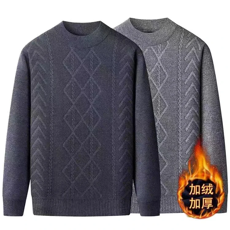 秋冬季中老年加绒加厚男士毛衣爸爸装保暖老人针织衫圆领套头线衫