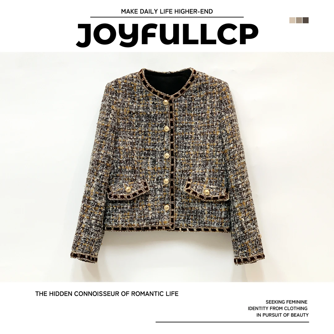 JM8287小香风高级感轻奢咖色圆领外套