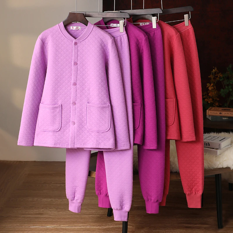 冬季老年人保暖内衣女款套装加绒加厚秋衣秋裤纯棉开衫妈妈家居服