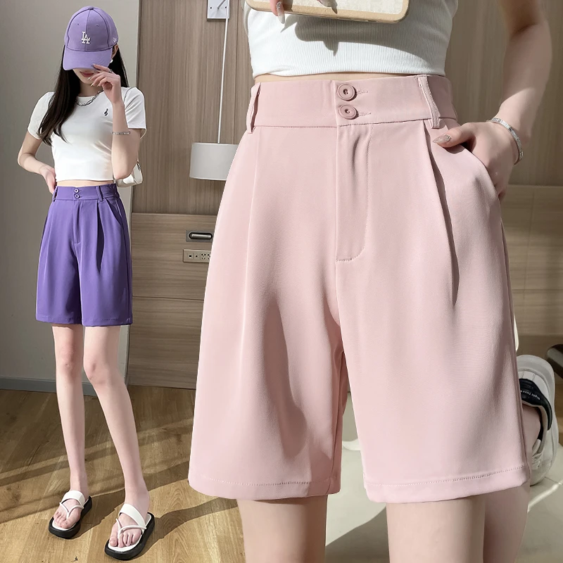 西装短裤女夏季松紧腰五分裤新款高腰宽松显瘦A字裤薄款阔腿休闲