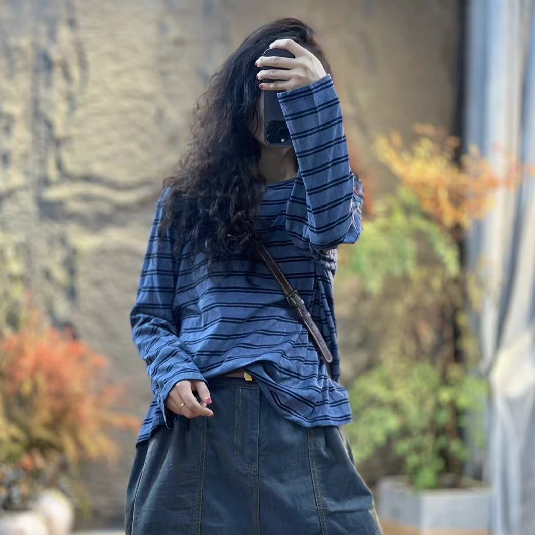 YQ738秋季新款长袖条纹做旧脏染休闲百搭宽松上衣女士T恤