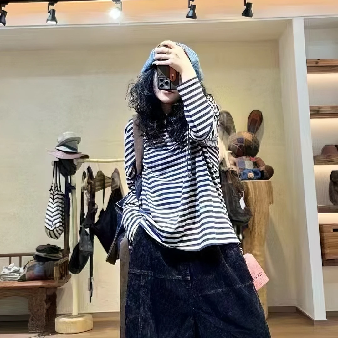 忆古朴拙240806秋季纯棉百搭色织条纹t恤宽松休闲文艺长袖上衣