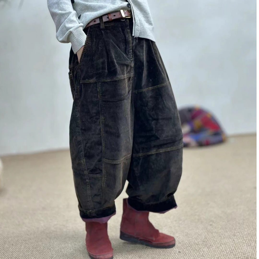 忆古朴拙2410929秋冬季复古做旧文艺女士双层坑条撞色线休闲裤