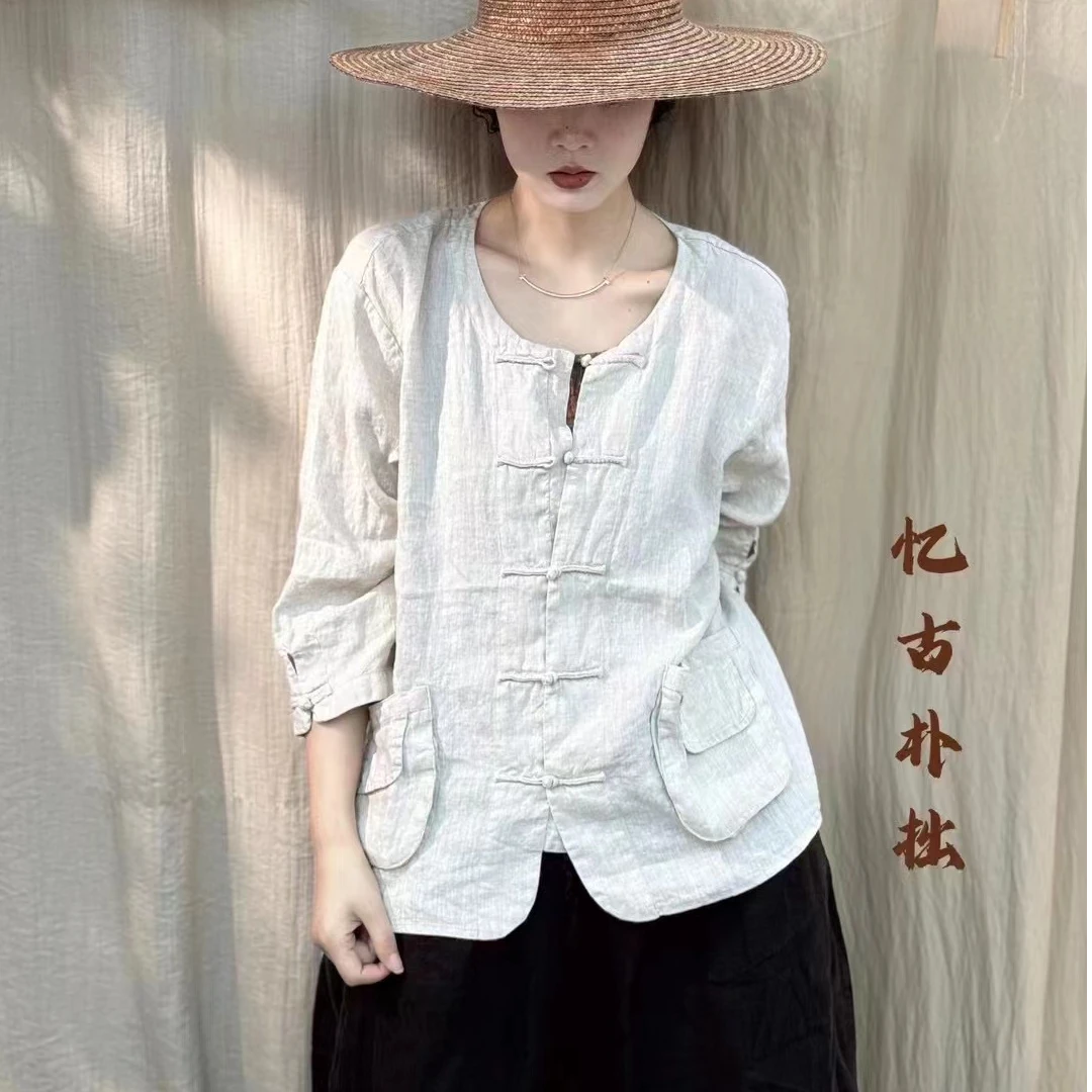 忆古朴拙240327-1复古文艺休闲中式宽松亚麻手工盘扣上衣衬衫女