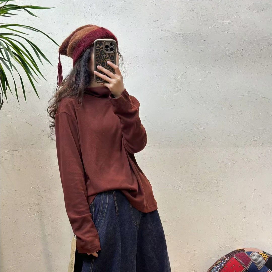 古蘭木6886冬季复古文艺风羊绒蛋白纯色柔软亲肤高领女士打底衫