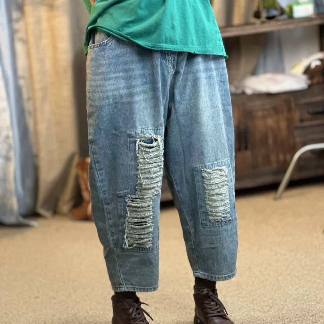 原创小众设计直筒休闲百搭夏季宽松破洞做旧水洗牛仔裤