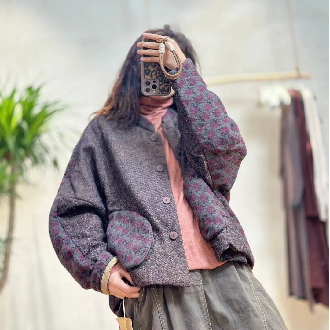 忆古朴拙230615冬季新款复古文艺羊毛提花混纺拼接圆袋小棉衣棉服