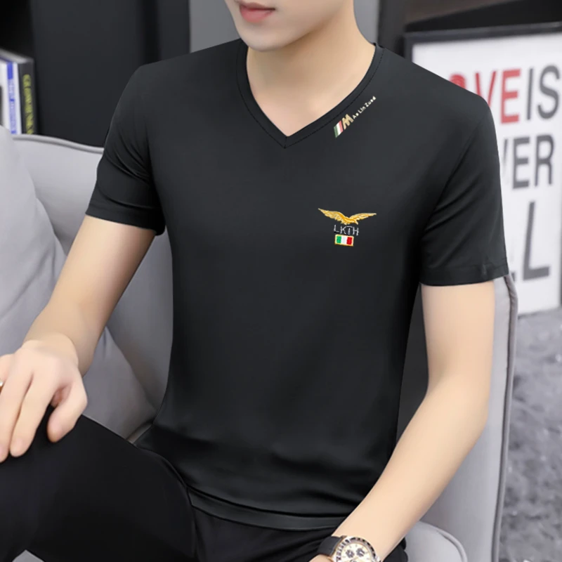 男士短袖t恤V领轻奢潮牌高端男装男款爆款2025新款半袖高档衣服夏