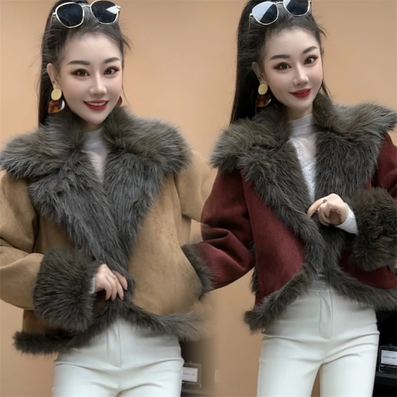 高级感大翻领时尚气质短款冬季加毛皮毛一体毛茸茸加厚外套