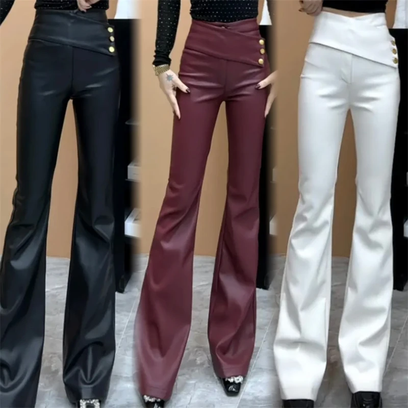 冬季时尚加绒侧边斜三粒扣高腰遮肚子修身显瘦微喇皮裤