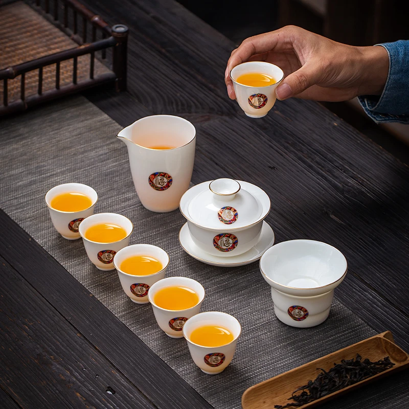 晟翔陶瓷茶具羊脂玉中国白白瓷盖碗十件套套装