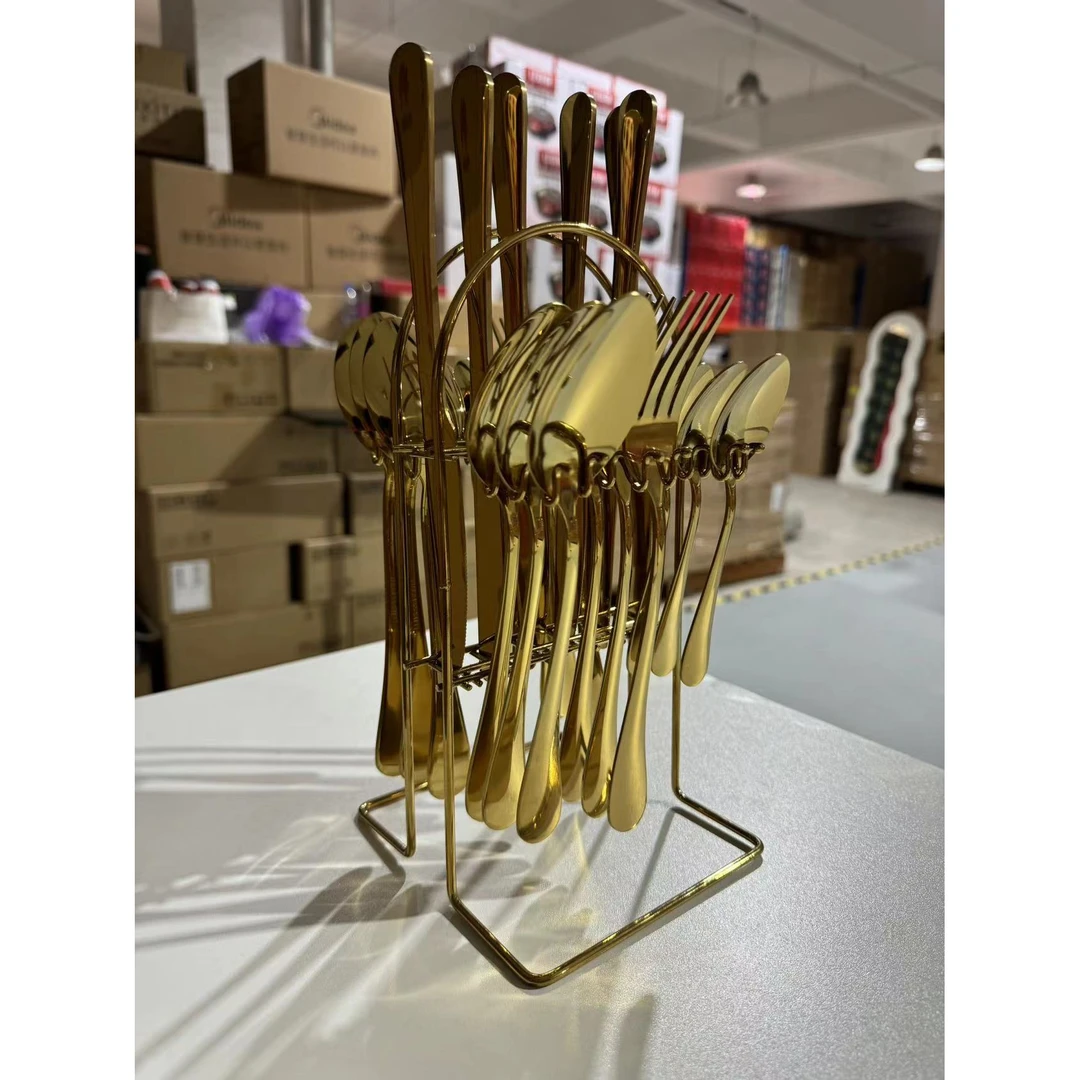 亚马逊餐具西餐四主件不锈钢24件套1010跨境餐具刀架礼盒套装HS