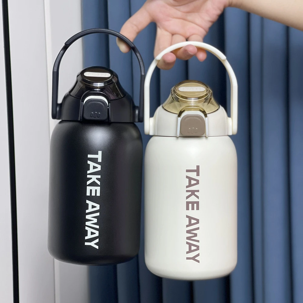 850ml新款大容量手提保温杯弹盖款手提壶带吸管户外保温杯