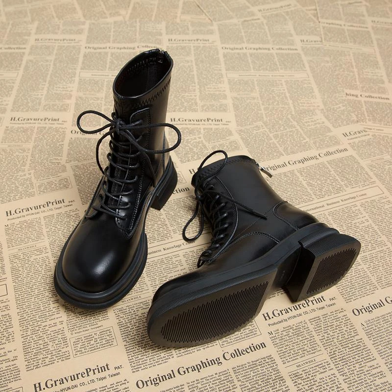 秋上新真皮马丁靴女2024年新款秋冬季薄款英伦风厚底内增高显瘦单