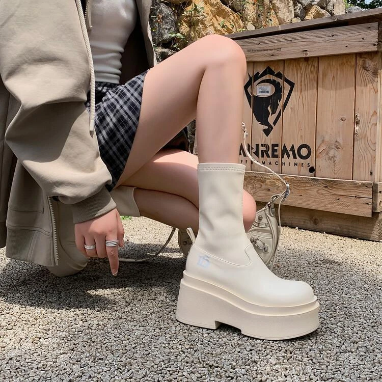 冬款法式辣妹时装靴女2023春秋款弹力瘦瘦靴小个子短靴厚底增高