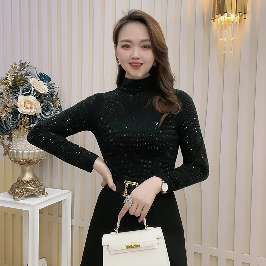 长袖新款打底衫秋冬t恤女加绒保暖修身显瘦气质烫钻黑色中领上衣