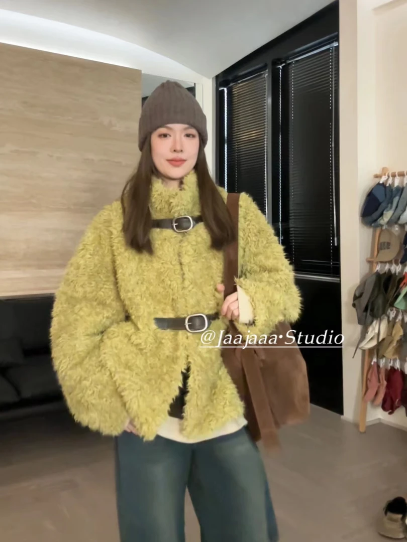 【Jaajaaa】落日灯塔立领设计皮毛一ti外套FAXG