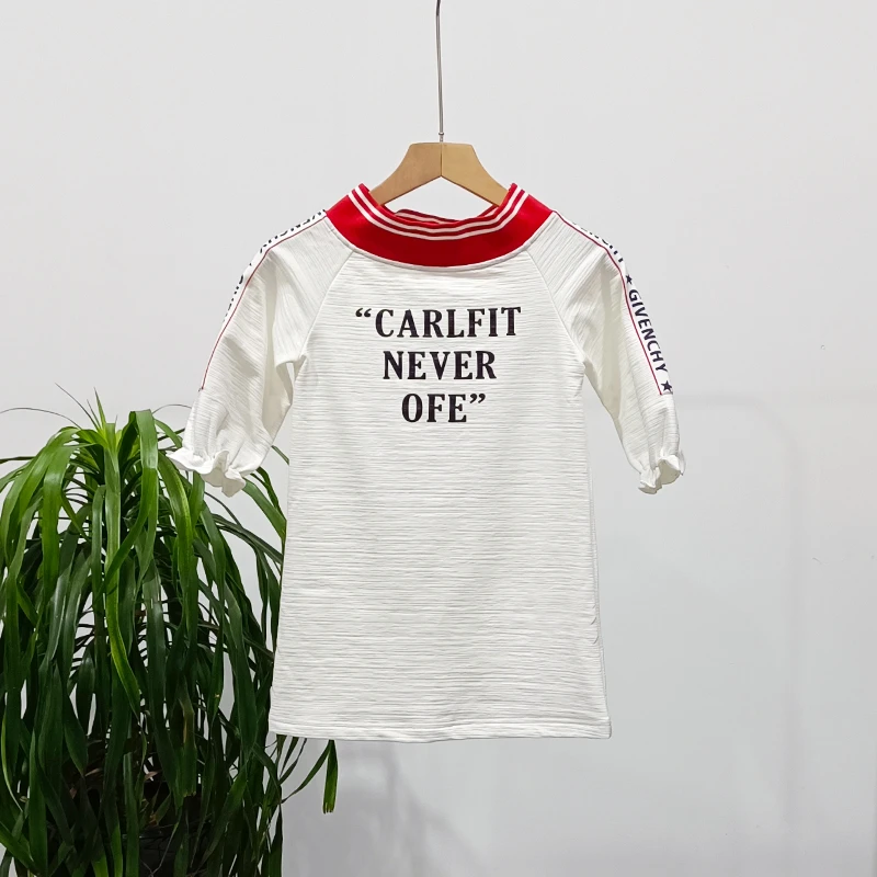 女童连衣裙韩系夏秋甜酷撞色长袖休闲条纹圆领印花字母洋气上衣