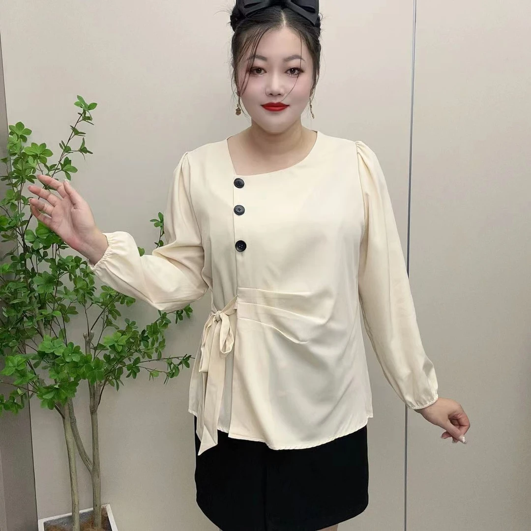 秋季新款设计感方领上衣胖mm衬衫长袖褶显瘦时尚百搭大码