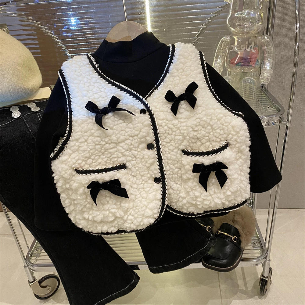 【冬季大促】新品女童毛绒加厚气质小包边蝴蝶结马甲2023冬装新款
