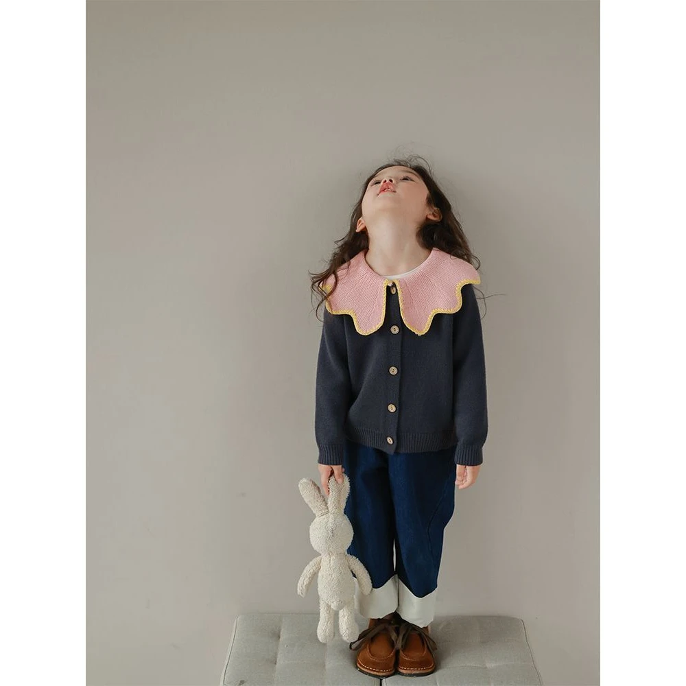 【小扬哥推荐】女童大波浪翻领毛衣开衫2023春秋新款纯色甜美公主