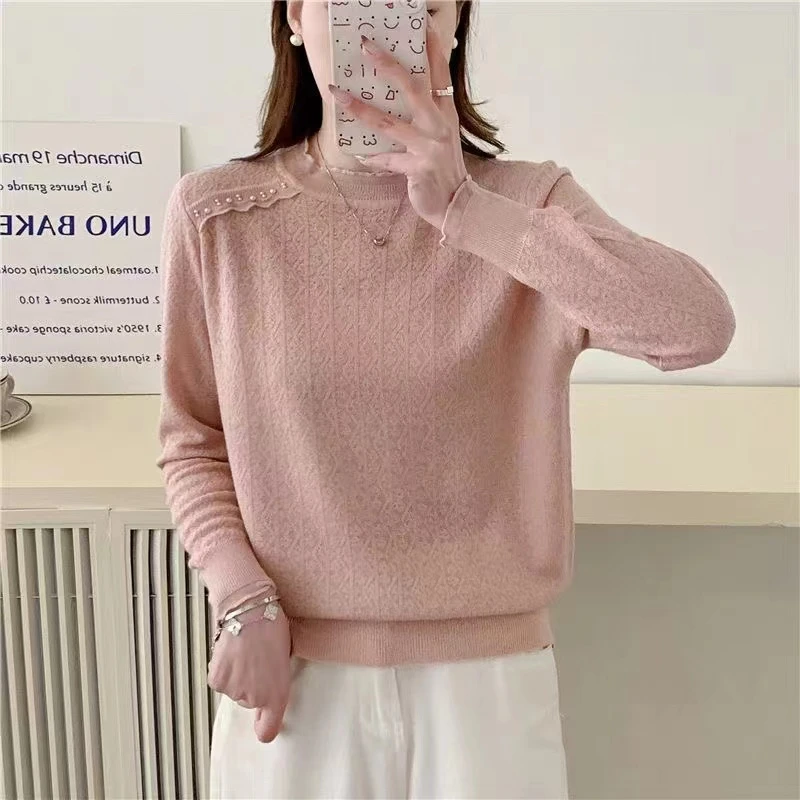 新款秋装穿搭蕾丝针织衫女2024长袖钉珠打底衫百搭爆款上衣F12