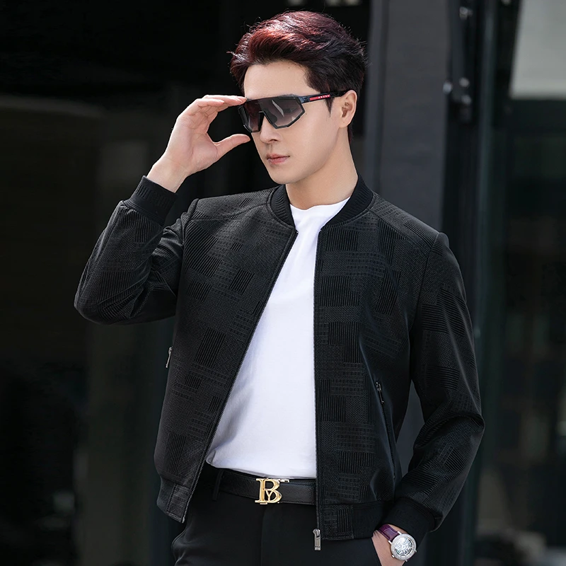 2802 MYM印花羊剖层皮革海宁真皮皮衣春秋棒球服外套男潮流短款