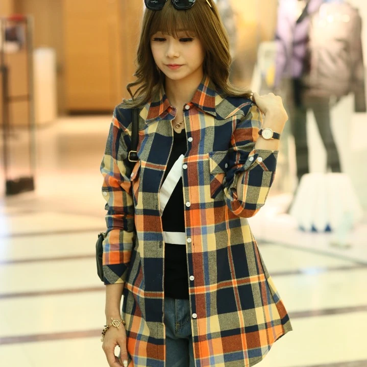 2024年春季新款格子衬衫女长袖磨毛打底衫休闲修身修身显瘦上衣