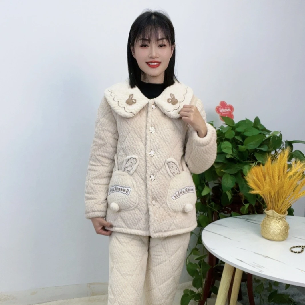 秋冬季新款女士网红款米小兔保暖睡衣加厚三层夹棉家居服休闲套装