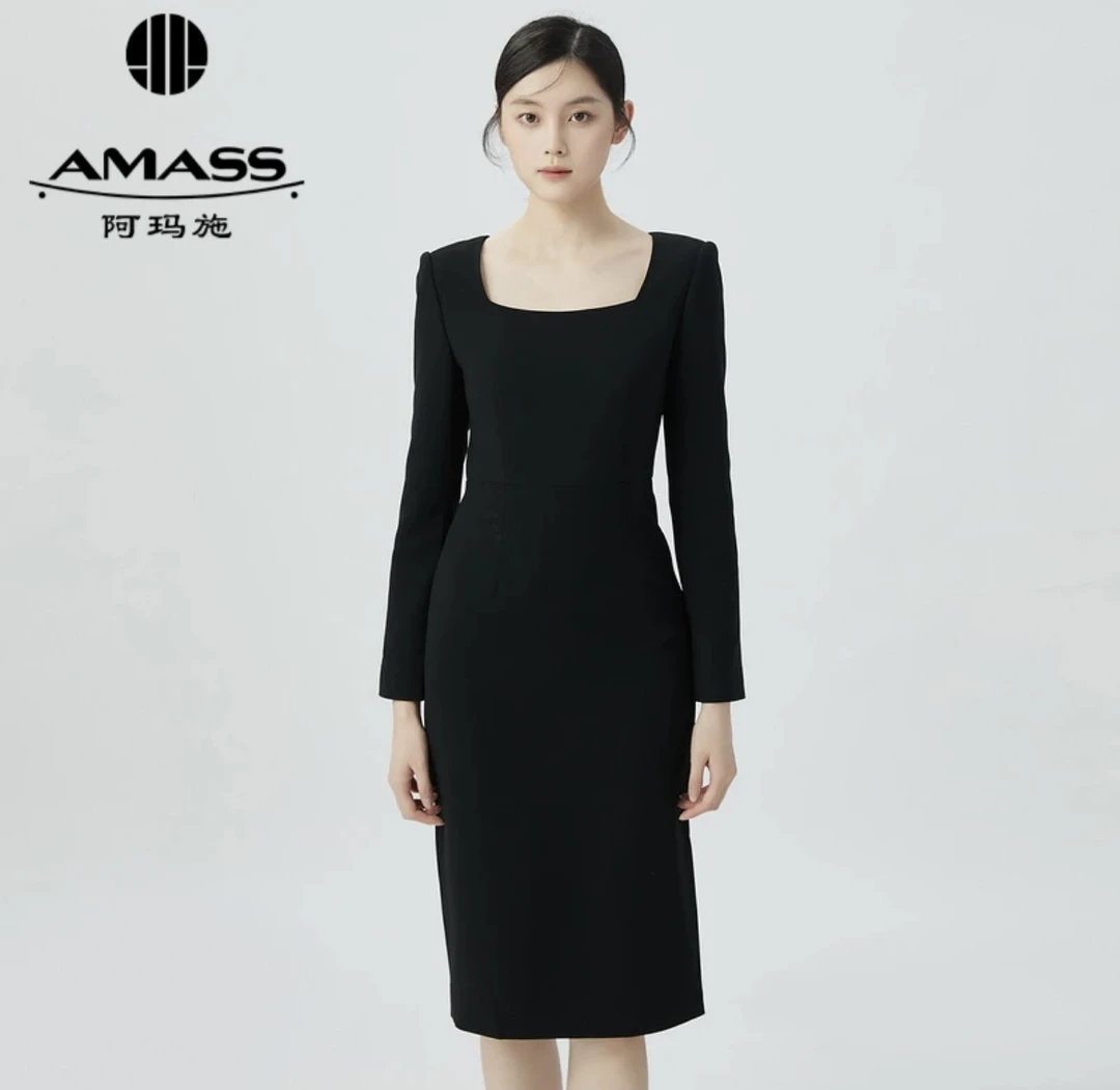 AMASS/阿玛施经典法式赫本翻领通勤直身显瘦小黑裙连衣裙5500506