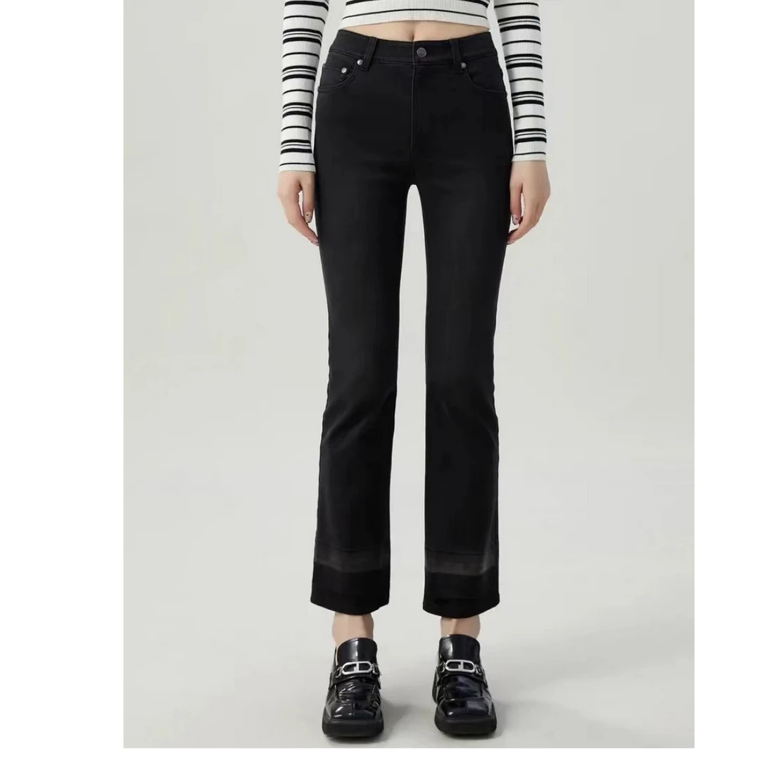 阿玛施AMASS通勤高腰修身九分裤时尚丹宁风微喇牛仔裤女5100471