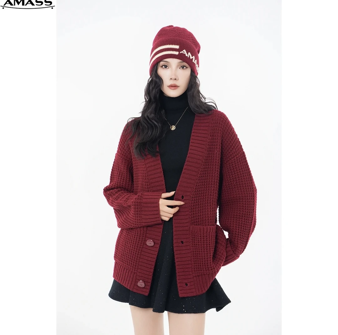 AMASS阿玛施秋冬新款松弛感华夫格针织开衫5499286