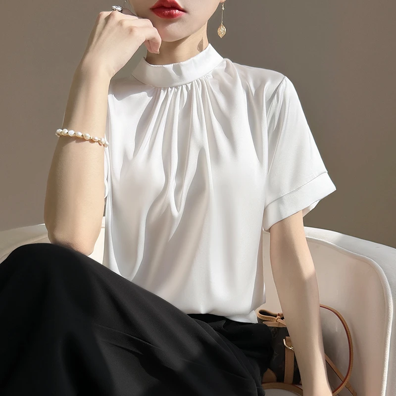 缎面夏季褶皱圆领宽松时尚洋气半袖女士遮肉显瘦纯色百搭气质打底