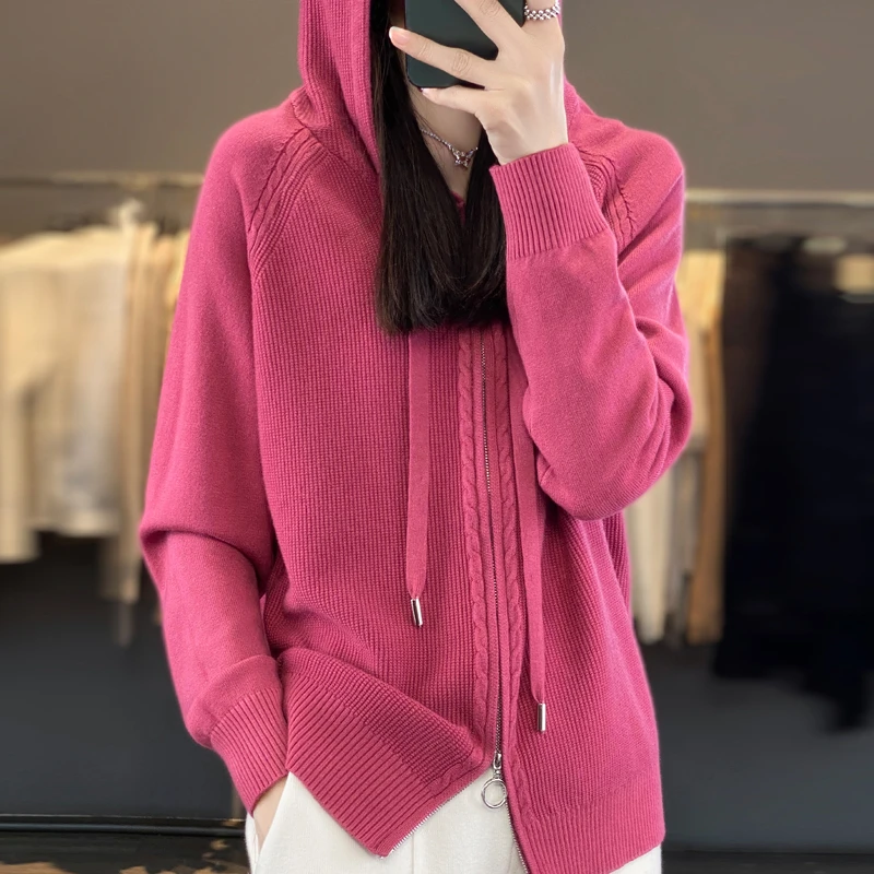【精纺可机洗羊毛衫】秋冬拉链宽松连帽针织开衫女显瘦韩版百搭上衣