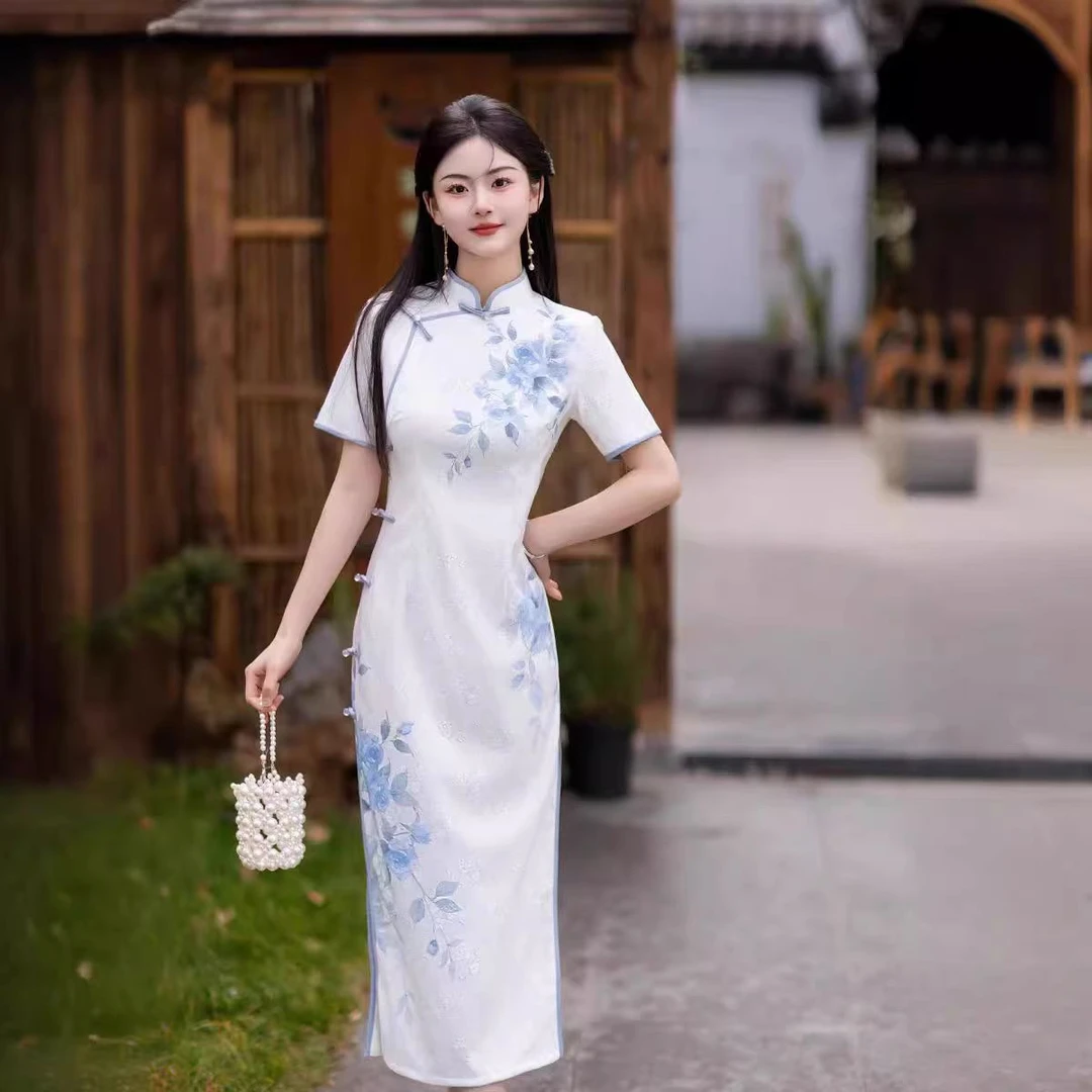 特价！浅色国风优雅长款旗袍新款修身连衣裙气质平时穿少女新中式