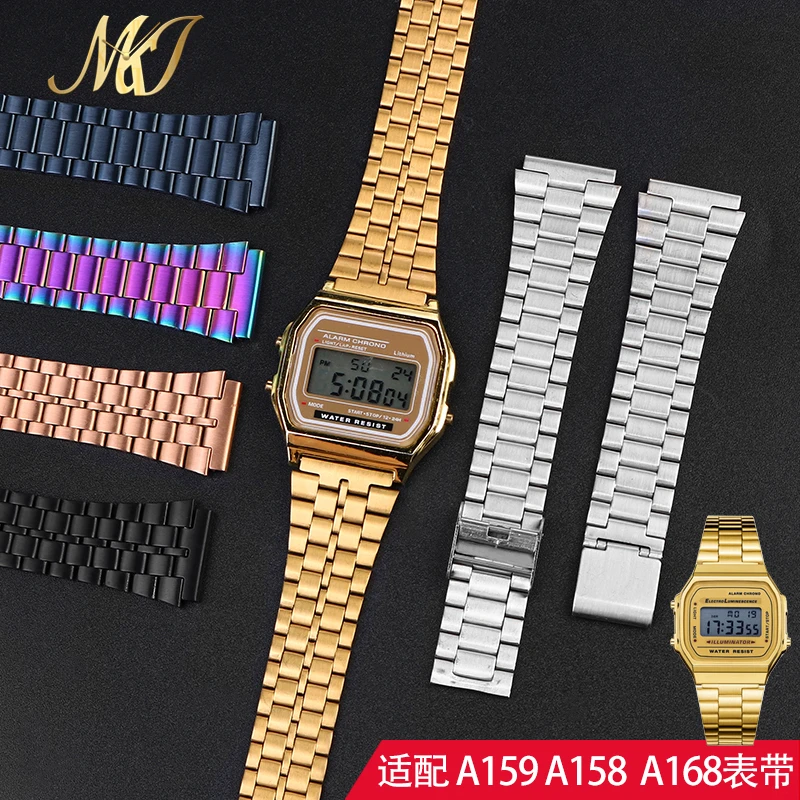 适配卡西欧A159W-N1 A158WA A168 f91w复古小方块不锈钢表带18mm