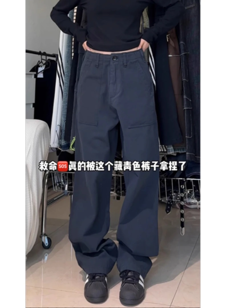 美式复古藏青色直筒工装裤女秋季新款高腰显瘦百搭街头阔腿休闲裤